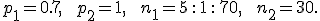 p_1=0.7, \;\; p_2 = 1, \;\; n_1=5\,:\,1\,:\,70, \;\; n_2=30.
